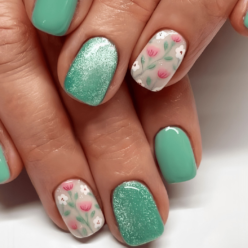 48 Pcs Mint Green Press on Nails, Short Square Cat Eye Floral Summer Fake Nails
