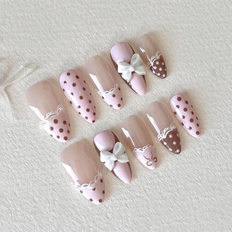 24Pcs Sweet Pink French Press on Nails Brown Polka Dots 3D White Bow Almond Nail