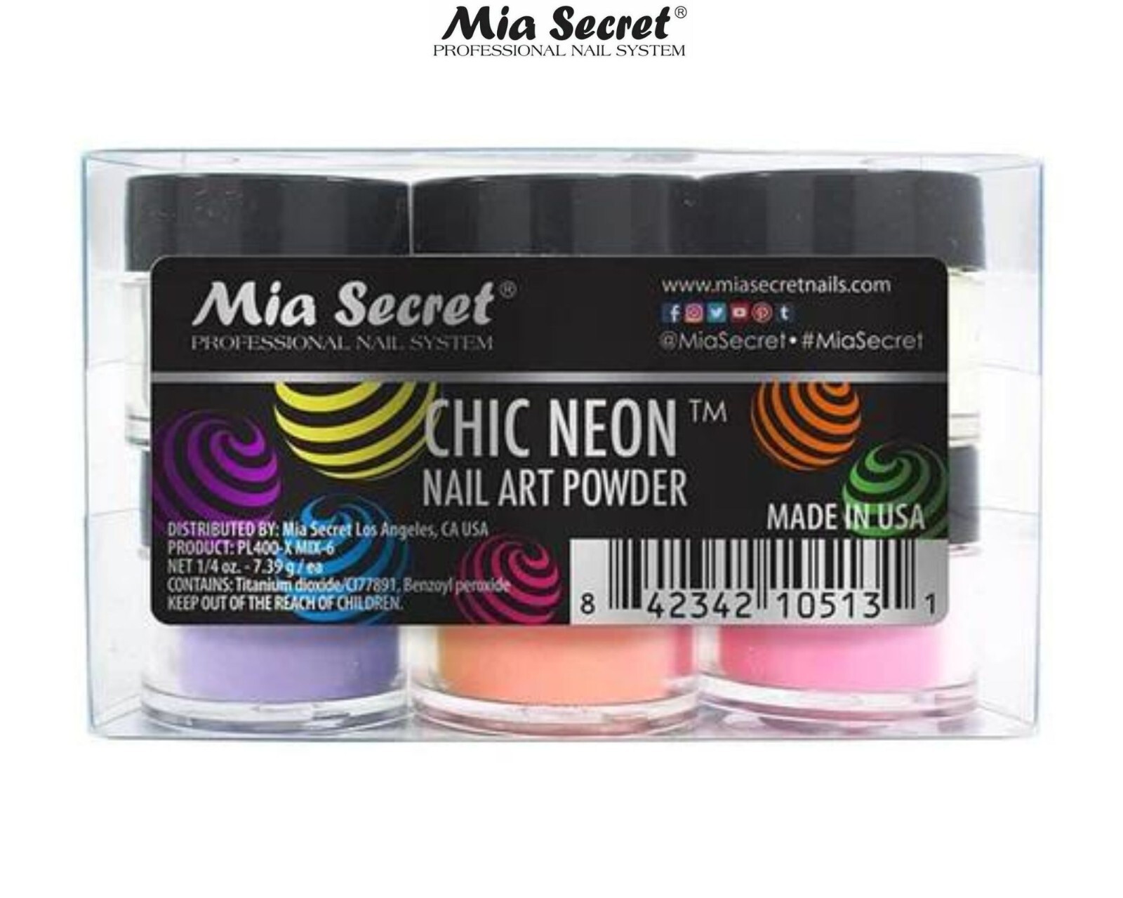 Mia Secret Chic Neon Collection Nail Art Powder 7.39g each Set of 6 Color