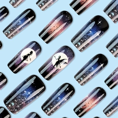 24Pcs Cute Elf Stick on Nails Long Length Flash Stars Sky Design Press on