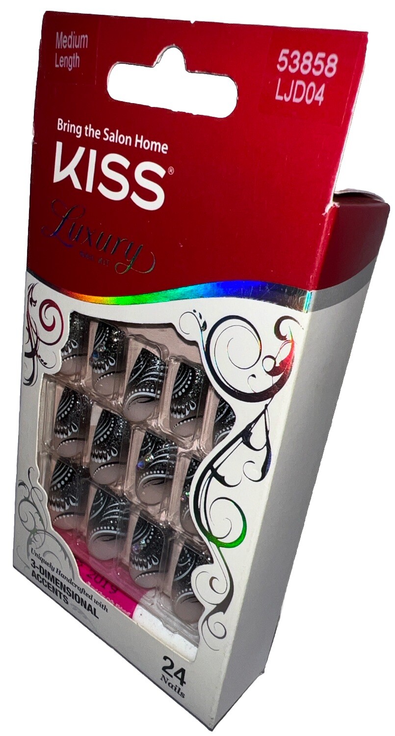 KISS Luxury Nail Kit 24 MEDIUM LENGTH #53858 3D Feather Accents New/Discontinued