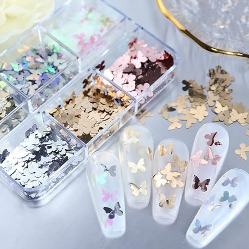 6 Grids Holographic Butterfly Nail Art Glitter Sequins 3D Sparkly Laser