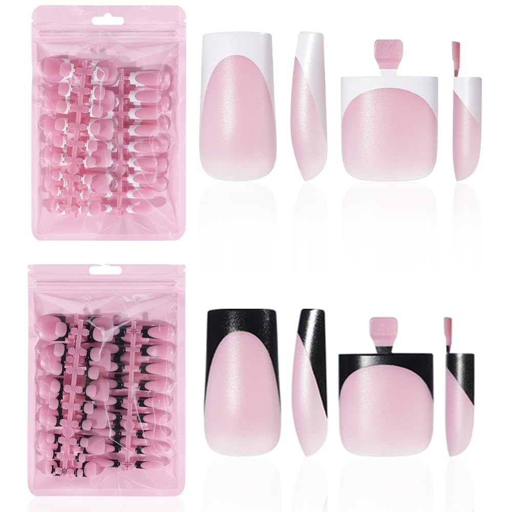 HWHUNO 4 Design French Toe Nail Tips Set,White Pink Black Press Medium, PINK