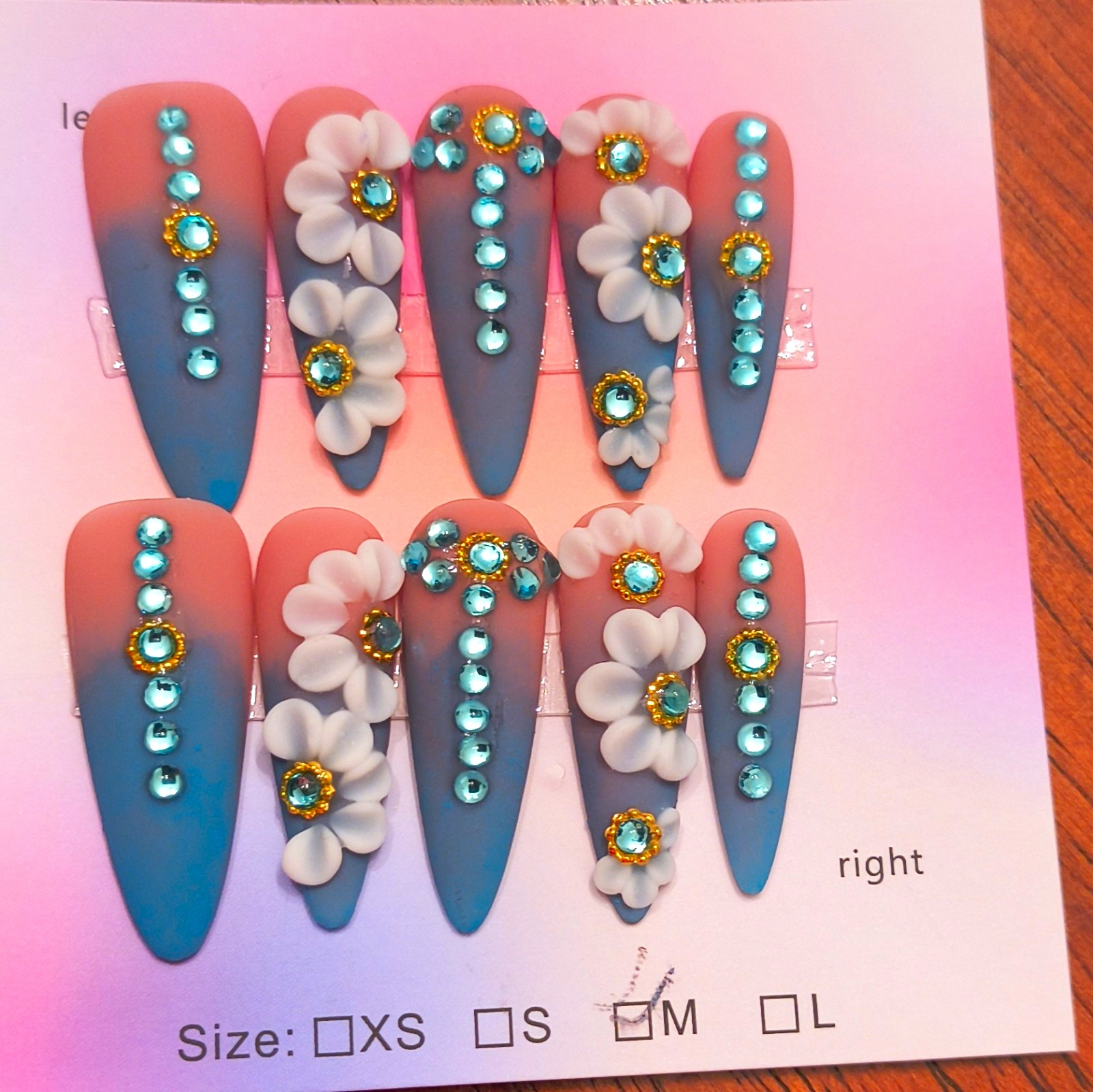 Press-On Nails Medium Stiletto Blue Pink Ombre 3D Flower Pre-Designed Medium