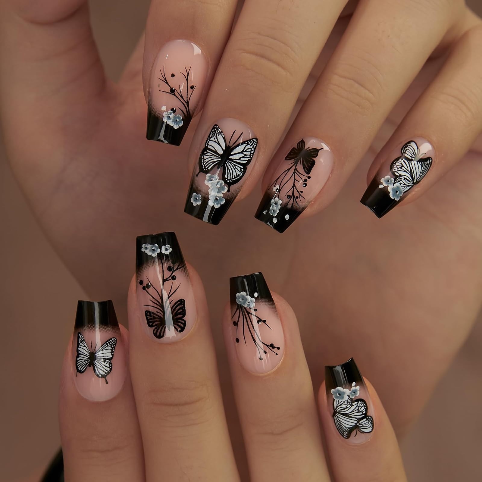 30pcs Press On Nails, Acrylic Black Butterfly Design, Full Cover