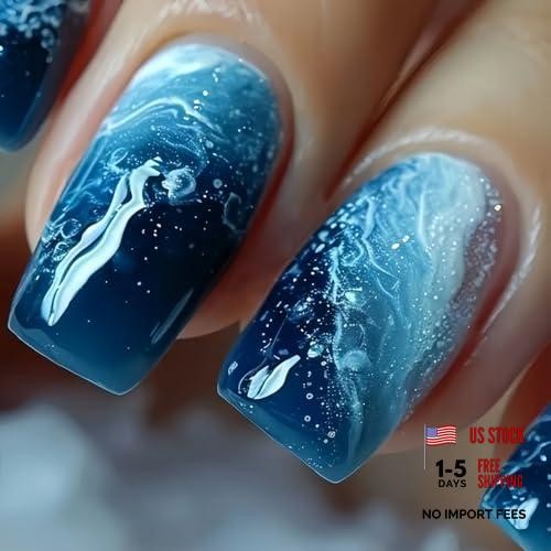 24Pcs Ocean Blue Fake Nails Short Medium Square Press on Nails with Design G10