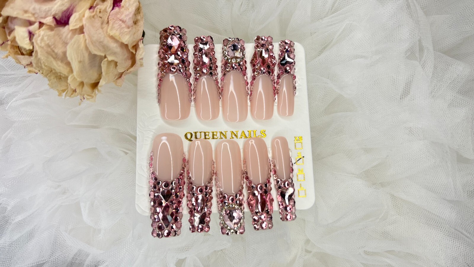 Queen Luxurious Handmade Pink Full Diamond French LongPress on Nails S-M -L