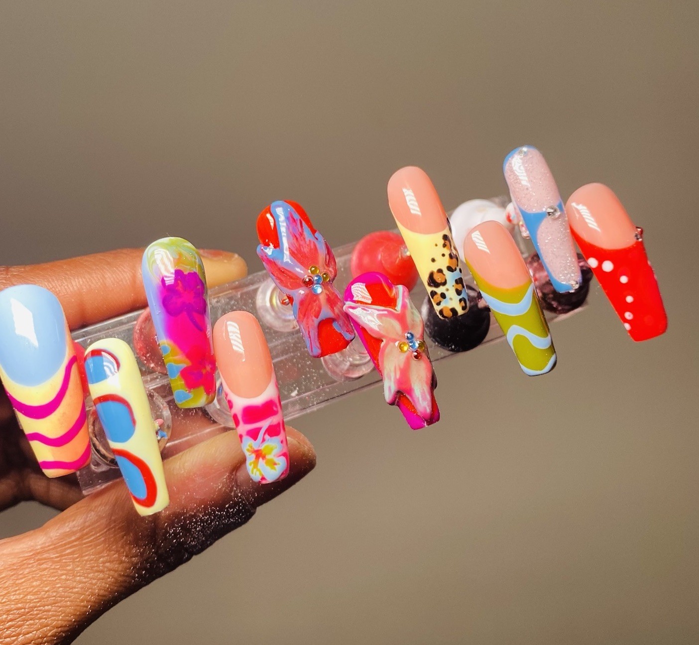Authentic Nail Arts by Dia Long Coffin Press-On Nails Multicolor 3D Shiny