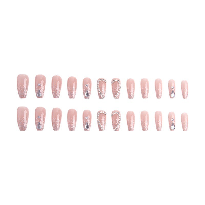 48Pcs-Nude Square Press on Nails Silver Glitter Big Rhinestone Luxury Fake Nails