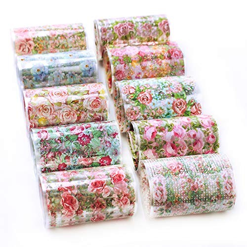 10 Rolls Starry Sky Nail Art Foil Sticker Colorful Flower Rose Nail Transfer