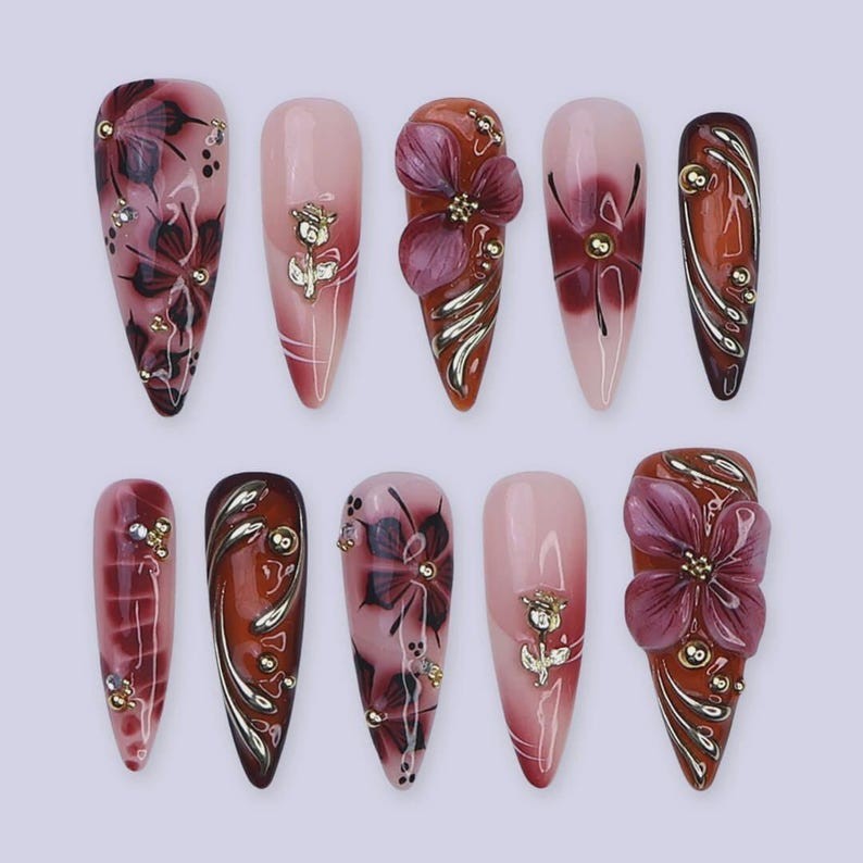 Handmade Floral Burgundy Gold Press On Nails Long Almond Fall