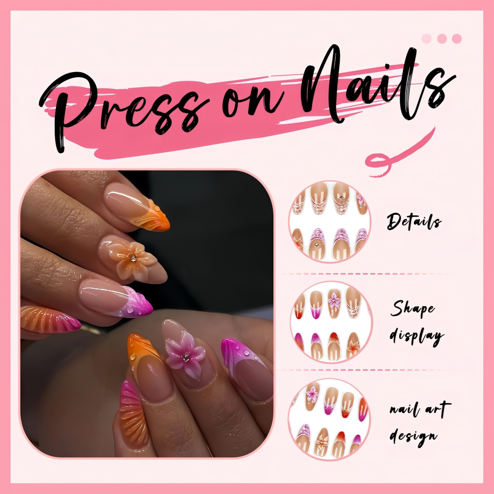 Medium Almond Press on Nails Flower Acrylic Fake 3.9*1.8*0.03, Multicolor