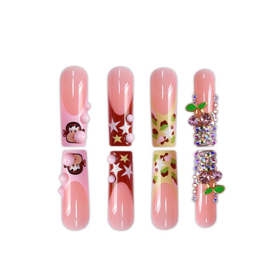48pcs-Playful Pink Coffin Nails with Bubblegum Monkey Print, Stars and Crystals