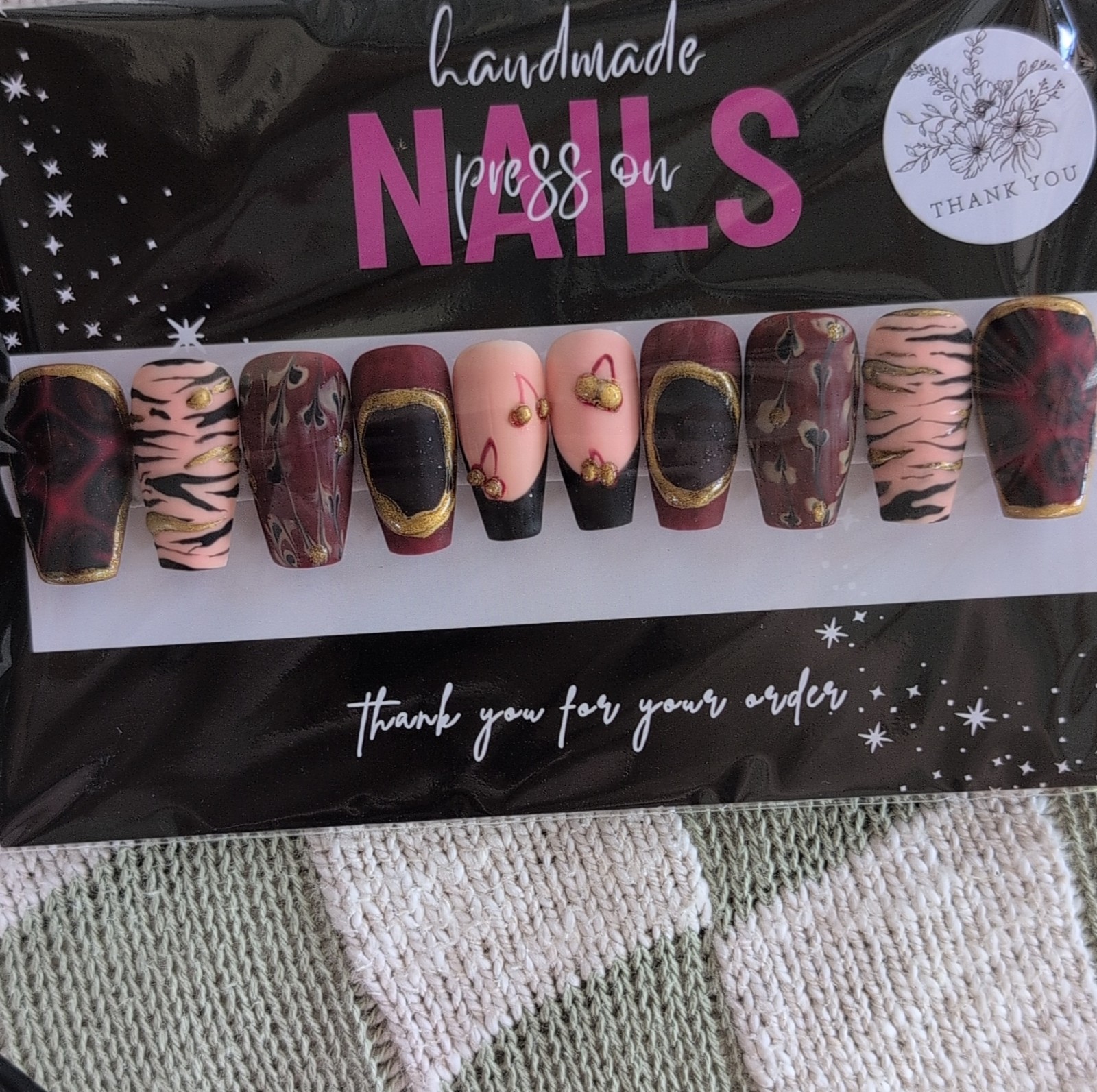 Press-On Nails Handmade Long Coffin Burgundy Black Sized XL