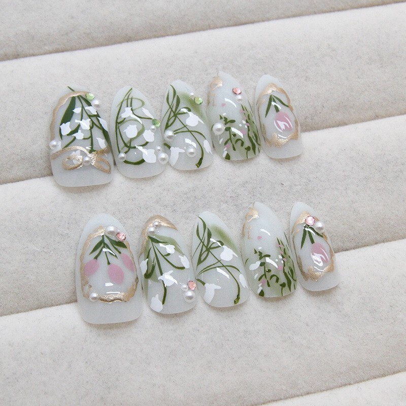 (USA SELLER) ALMOND MEDIUM *GRASS IN AZ* PRESS NAILS SUPER HOLD GLUE LAST LONG