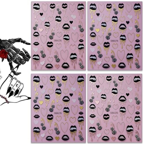 4 Sheets Sexy Black Lips Nail Stickers Golden&Rose Gold Nail Decals Heart Dark