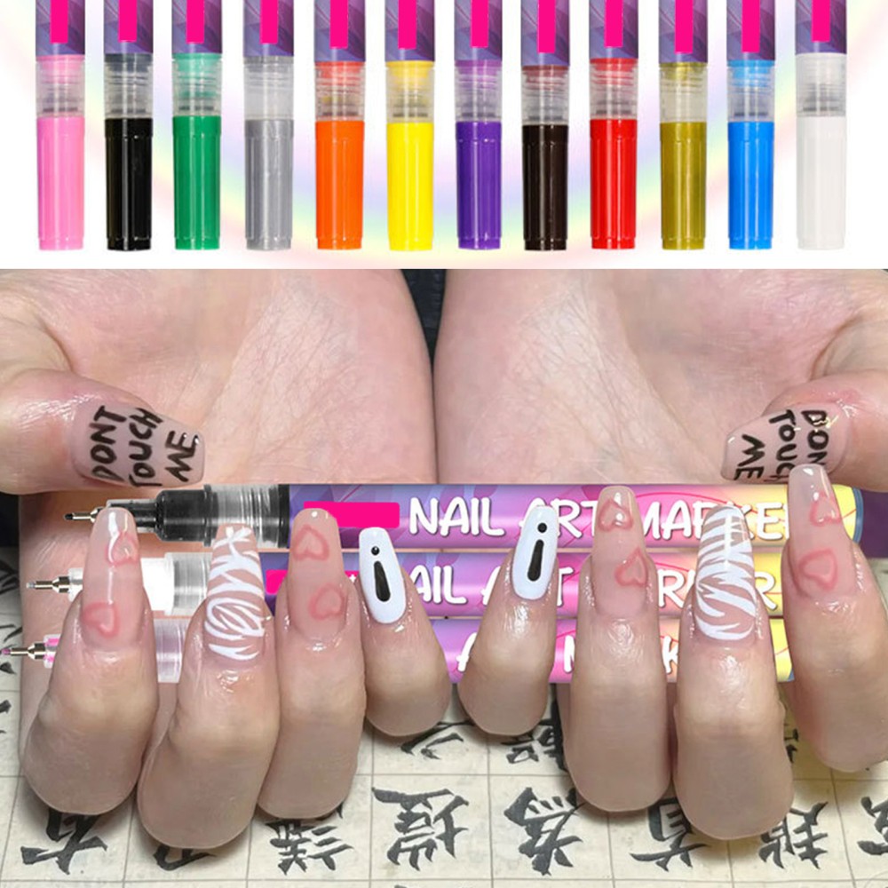 12Pcs/Set 3D Nail Art Drawing Pen Waterproof Painting Liner Drawing Embellishing