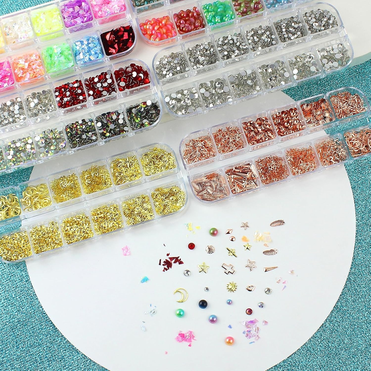 Artdone 3D Nail Art Glitter Studs Kit with 6 Multicolor Boxes & 15 Gold Stickers