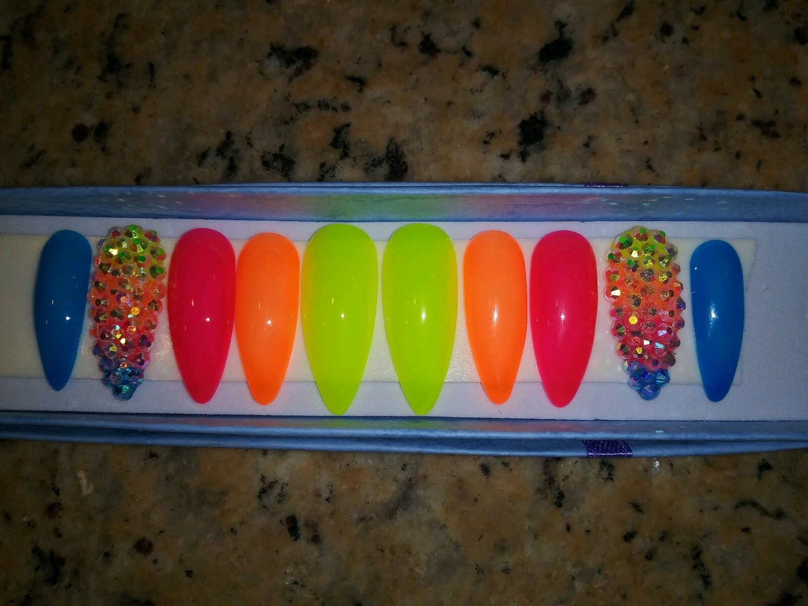 Neon Rainbow ombre bling nails w/ crystals Gel Press On jelly nails full set