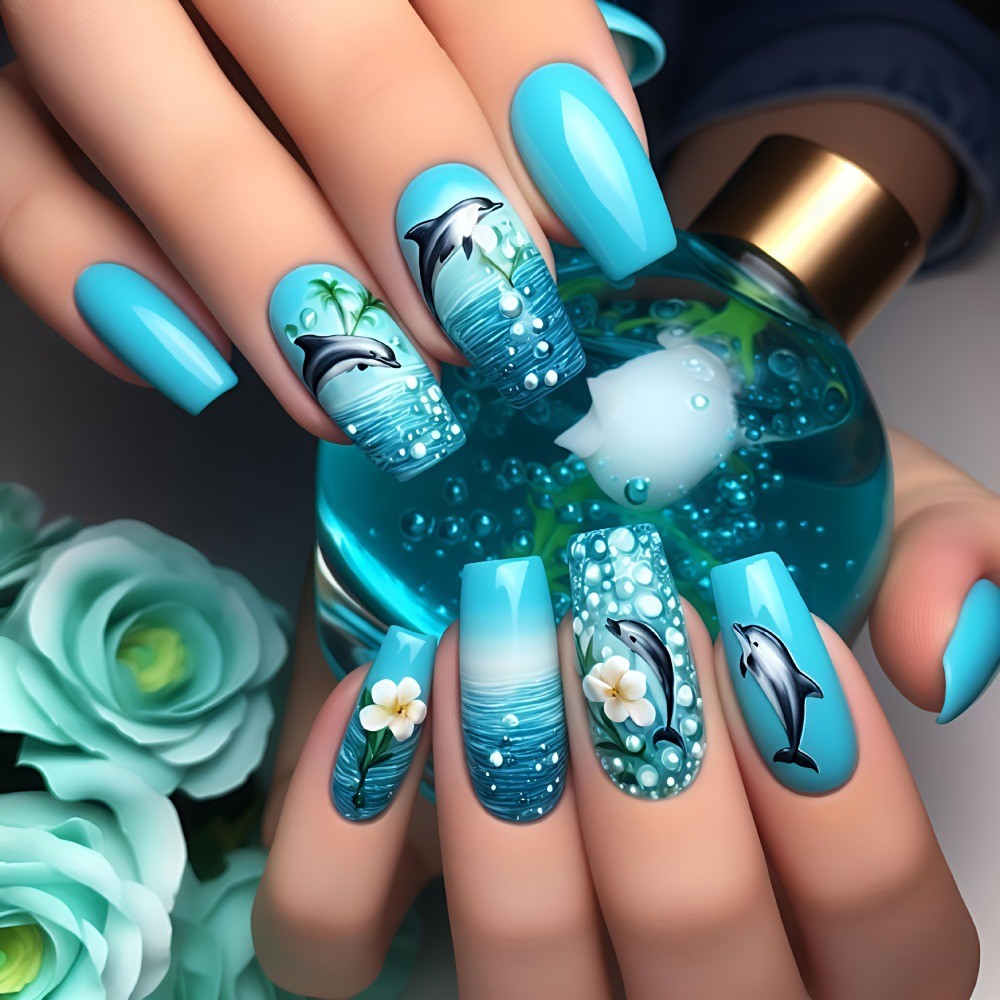 24pcs Ocean Press-On Nails: Coral, Jellyfish Mermaid Designs.Reusable Salon Art.
