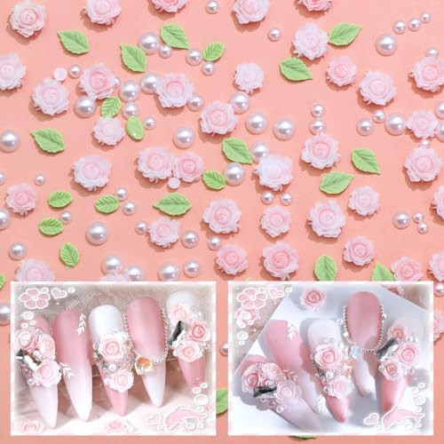 300PCS Flower Nail Charms Pink 3D Roses Flower Charms for Nail Design Green