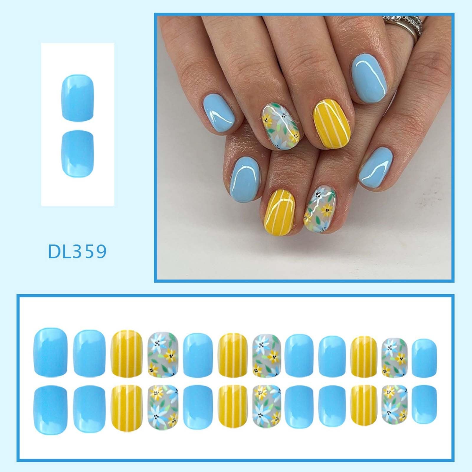 24Pcs Short Press on Nails Spring Blue Yellow Flower Fake Nails with Stripe S…