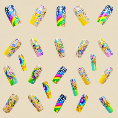 24 Pcs Square Press on Nails Medium Length Fake Nails Colorful Flower Style-A13