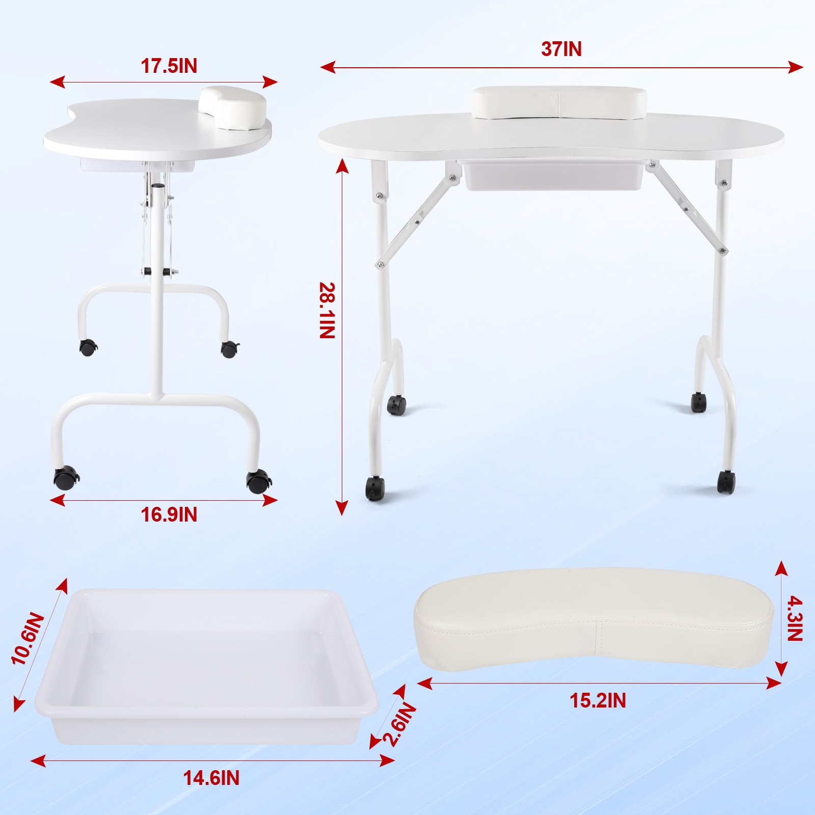 Portable Folding Manicure Table Nail Tech Desk Lockable Wheels Bag Drawer White