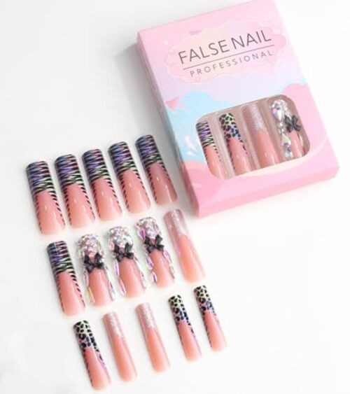 Press on Nails Square – Extra Long Fake Nails with 3D 5-Sunset Spots