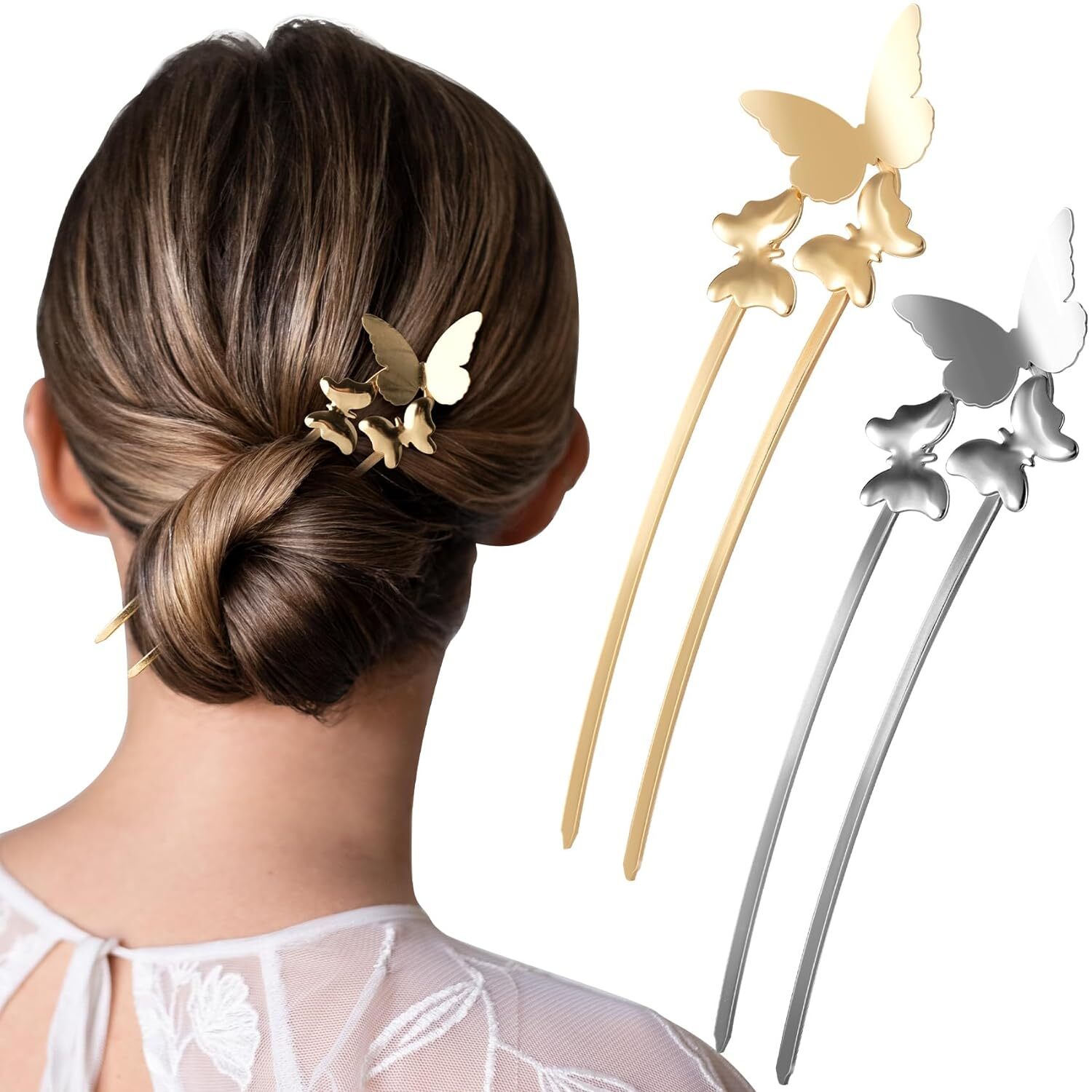 2pcs Butterfly U Shaped Hair Pins Metal French Retro Fork gold+sliver