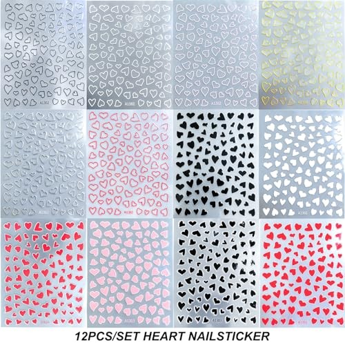 12 Pcs Valentines Day Nail Stickers, Red Pink White Black Gold Heart Stickers