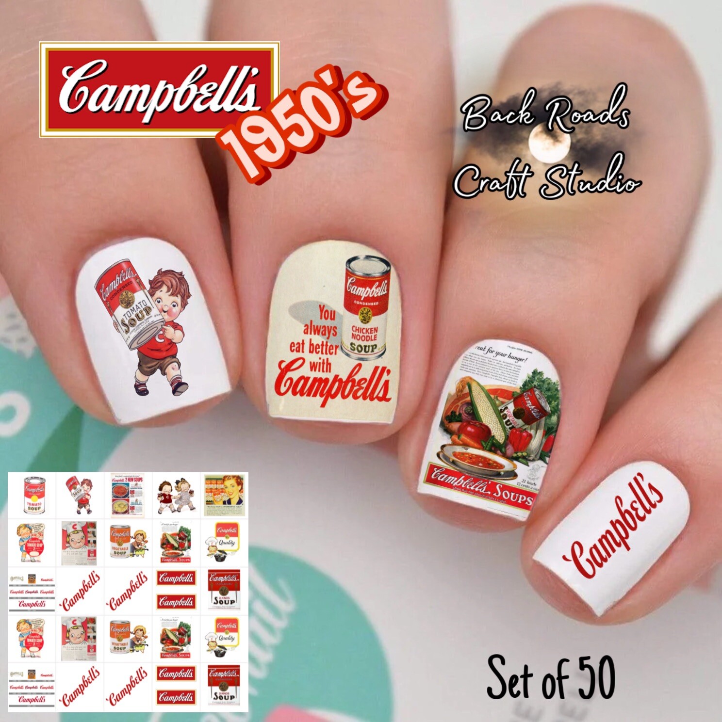 Campbell’s Soup 1950’s Waterslide Nail Art Decals Set Of 50, Instructions Bonus
