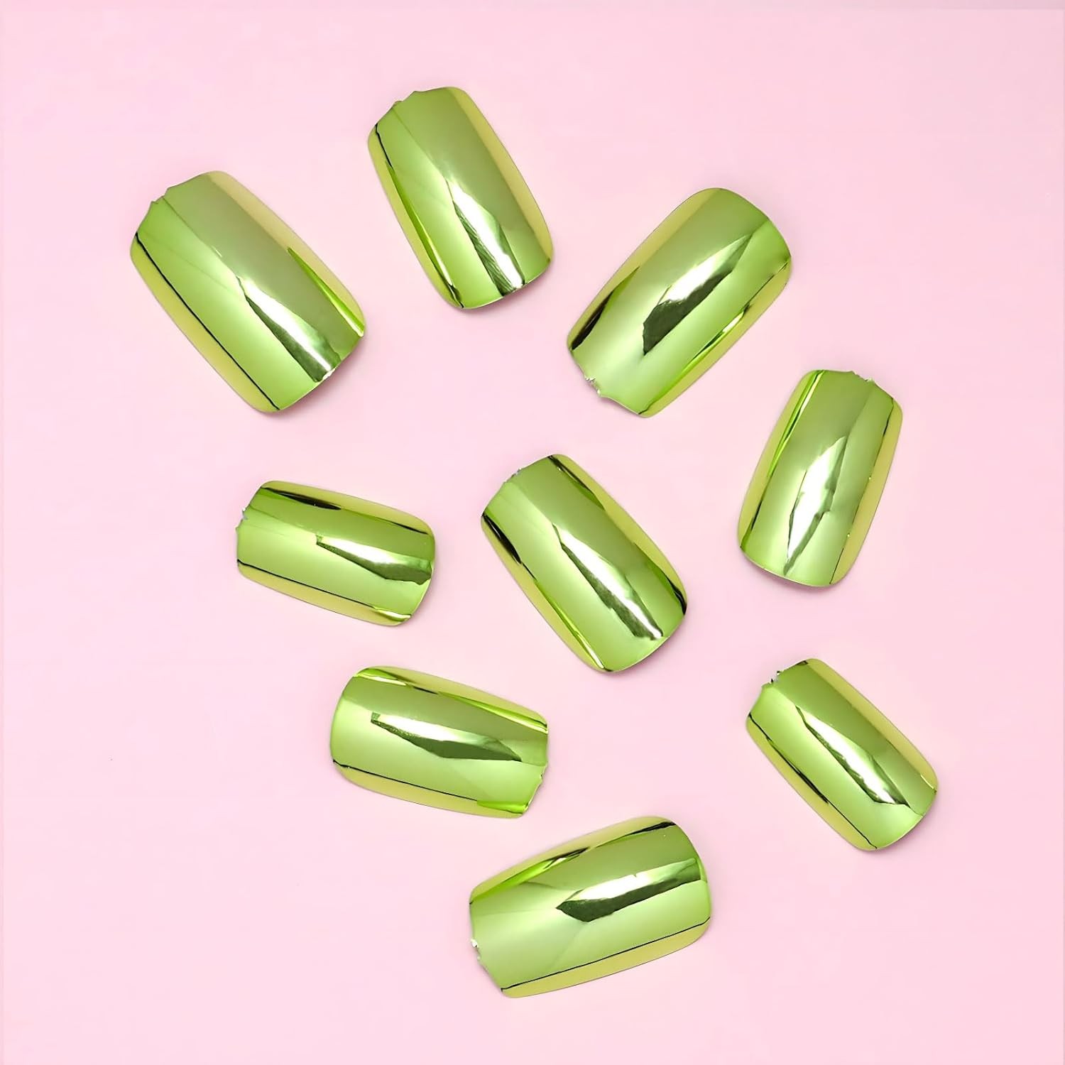 Green Chrome Press On Nails Short Square, 24pcs Normal, Square