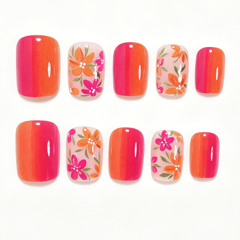 48Pcs-Short Square Bright Pink Orange Gradient Floral Summer Press on Nails Set