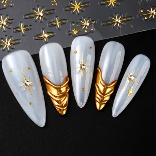 6 Sheets Star Nail Art Stickers Decals Gold Silver Cross Starlight with
