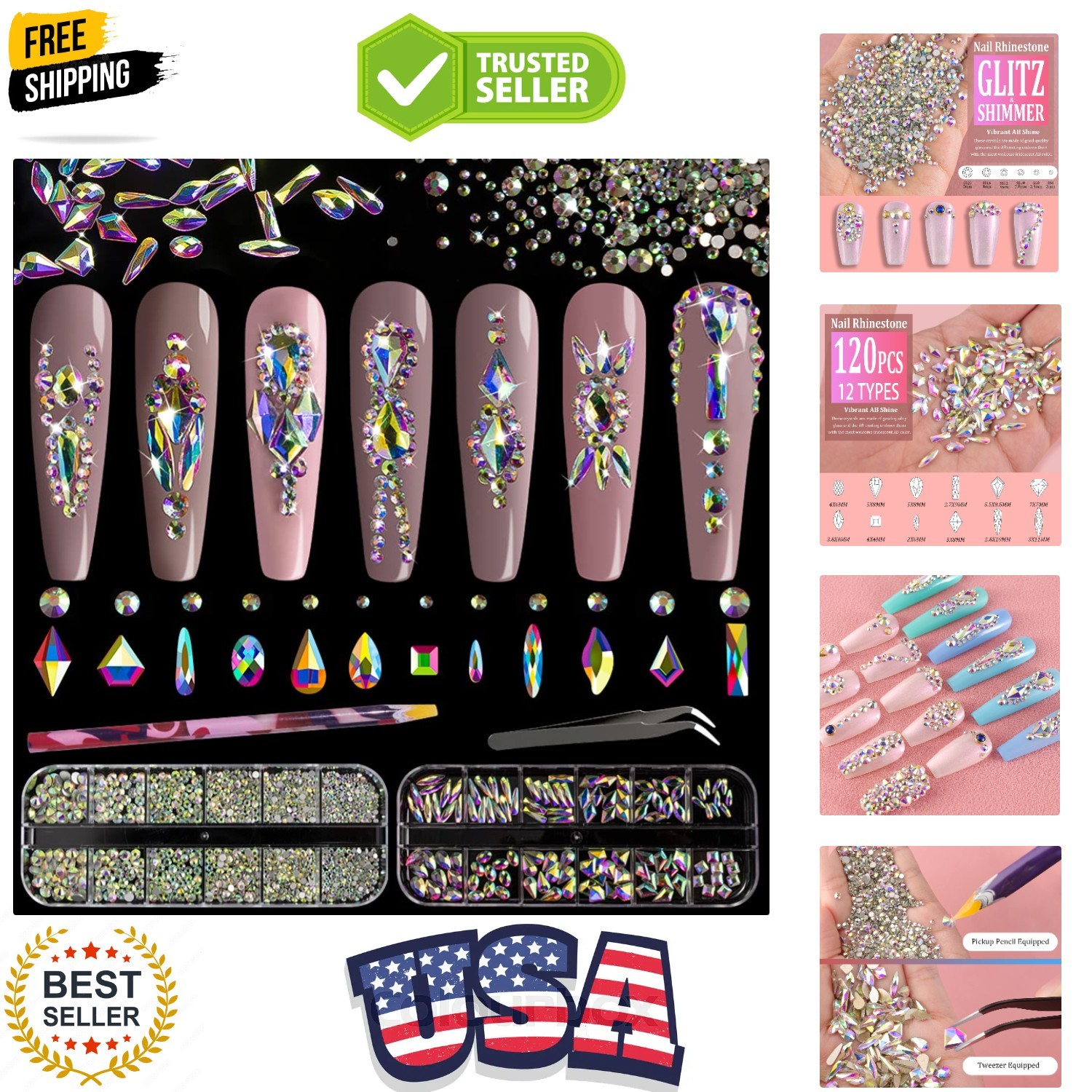 Multi Shapes 3D Glass AB Crystal Nail Art Rhinestones Kit with Flatback Round…