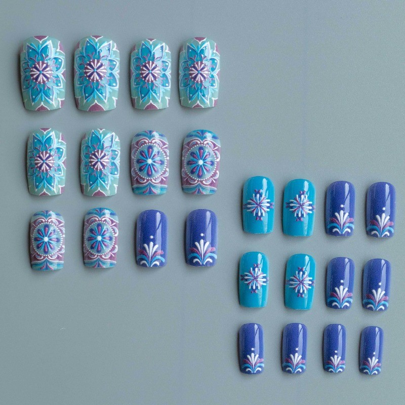 48pcs-Purple Blue Boho Press on Nails, Short Square Mandala Design Fake Nails
