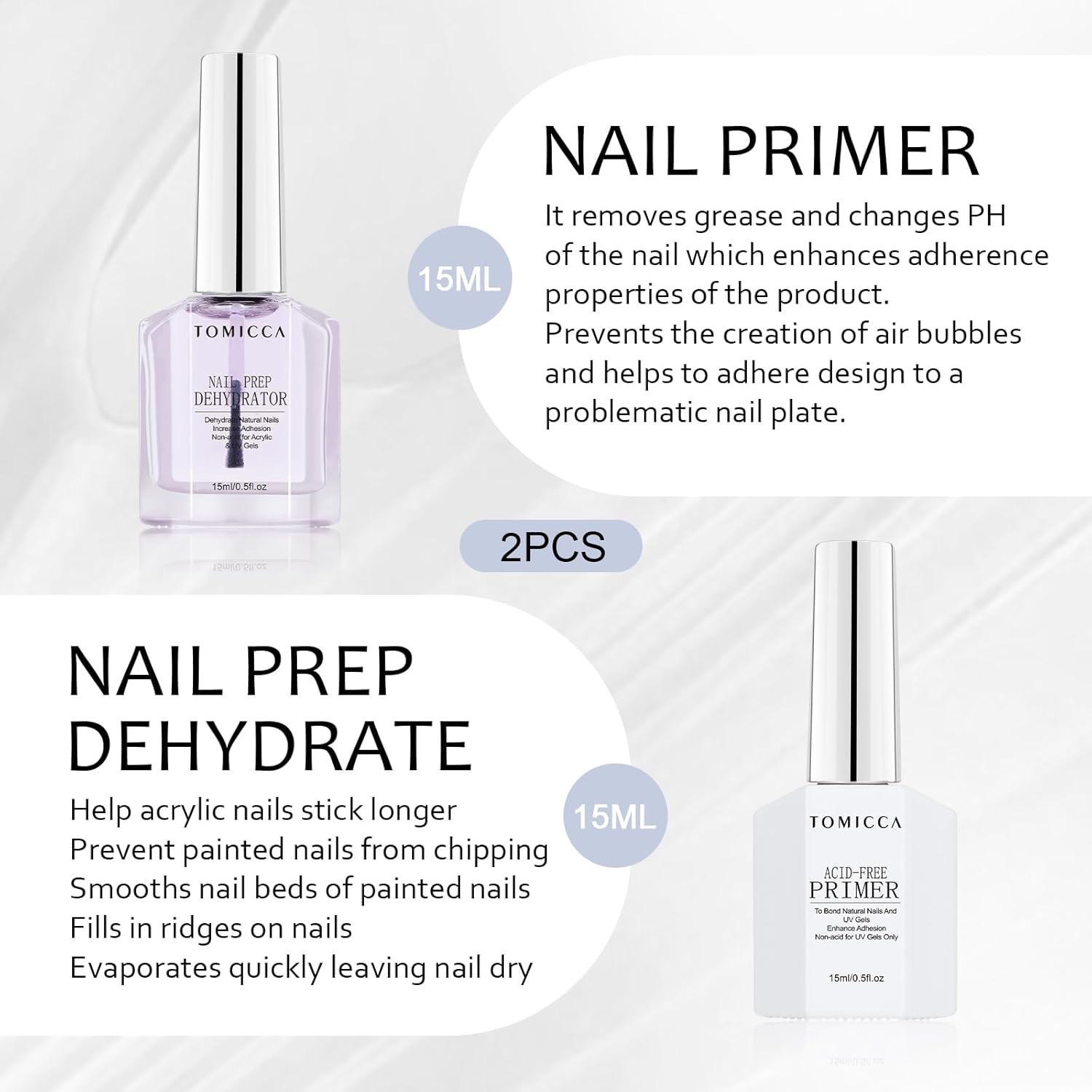 Nail Primer & Nail Prep Dehydrator Set, 15ml Professional Acid-Free Bond Primer