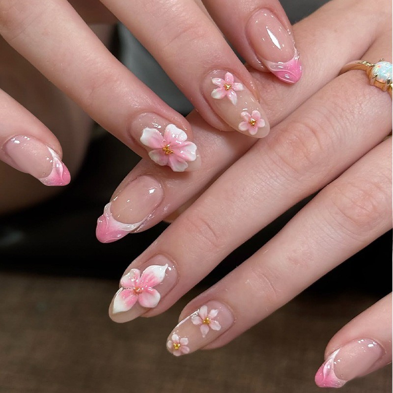 24Pcs-Long Almond Sheer Nude Pink Gradient 3D Cherry Blossom Press on Nails