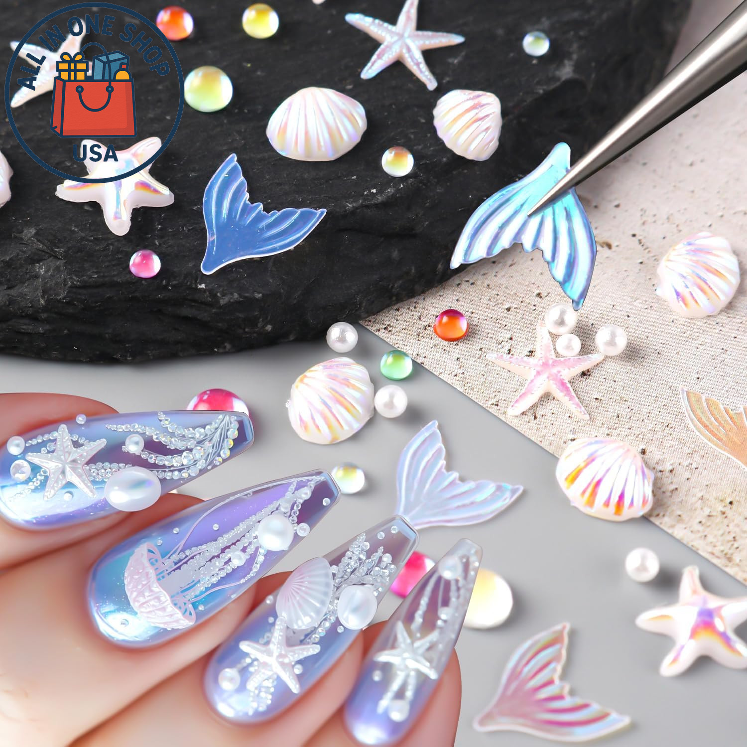 3D Summer Beach Nail Charms Set – Seashell Starfish Gems for DIY Manicure