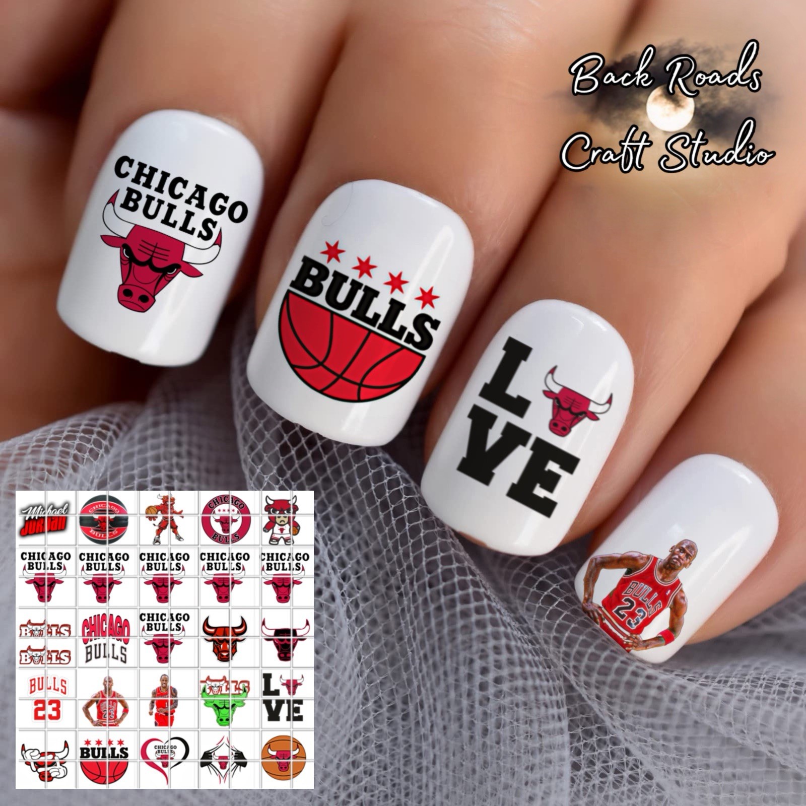 Chicago Bulls NBA Waterslide Nail Art Decals Set Of 50 Instructions Bonus JH