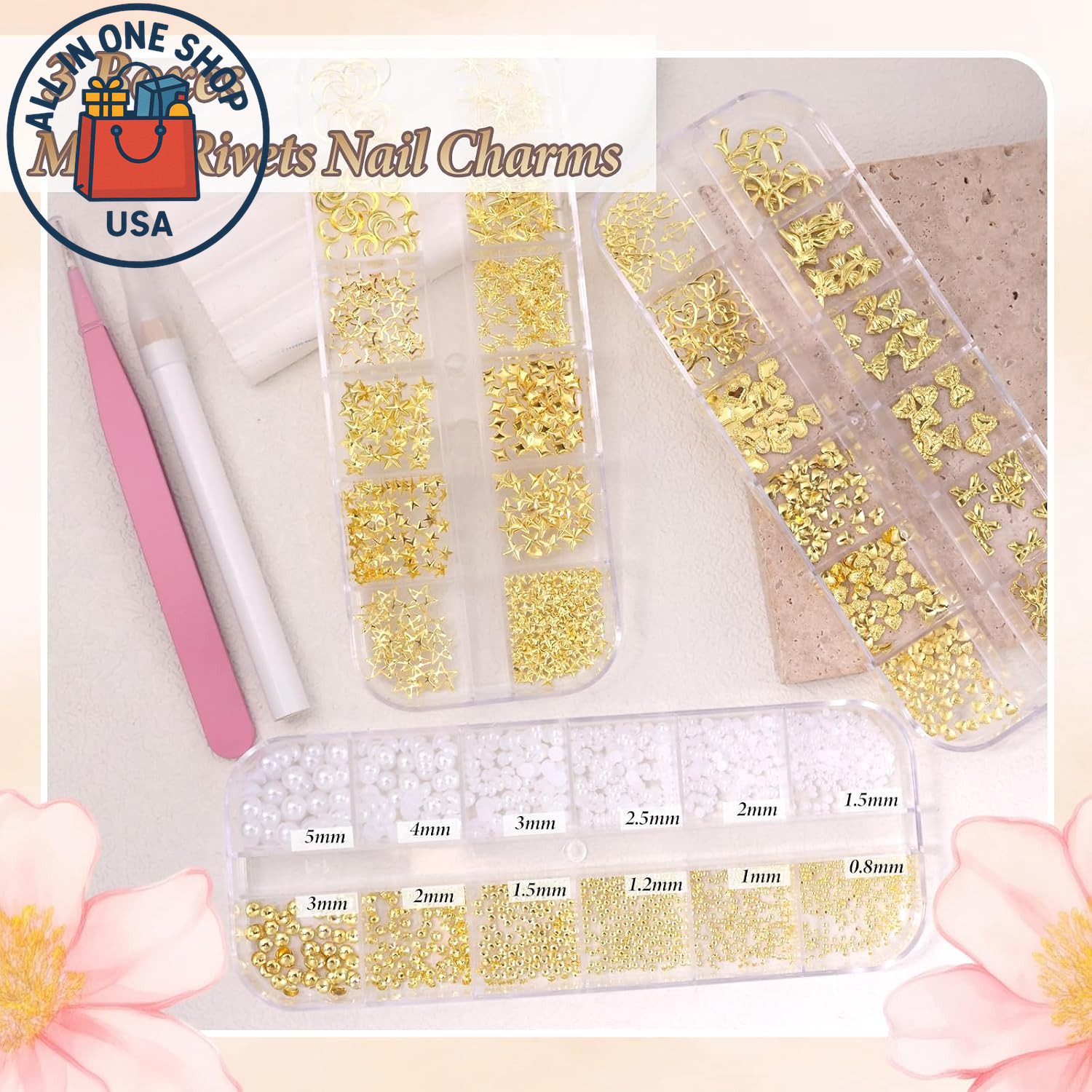 Gold Nail Charms Set: Pearls, Hearts, Bows, Stars, and Moon Designs