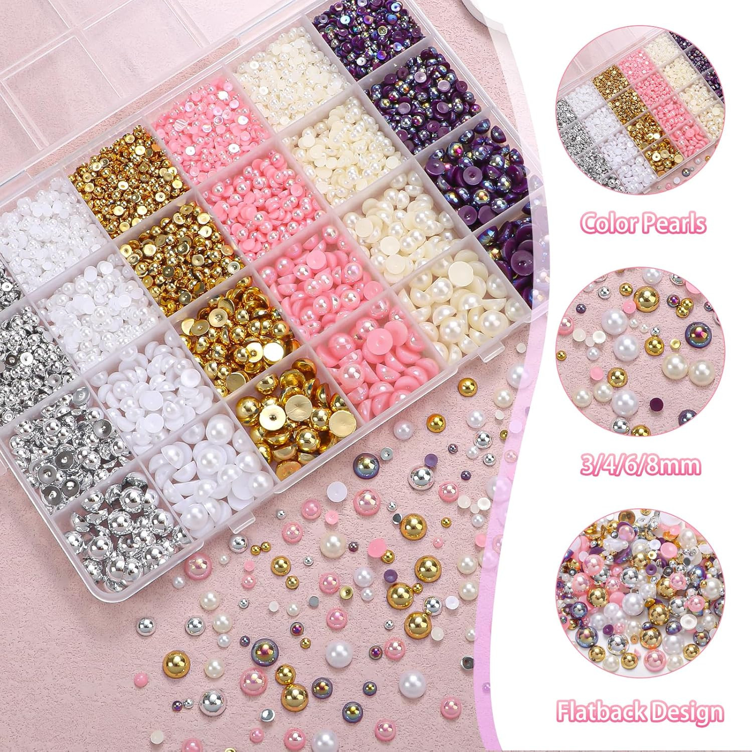 9000Pcs Flatback Pearls for Crafting, Silver Gold White Nail Half Pearls, 3-8Mm