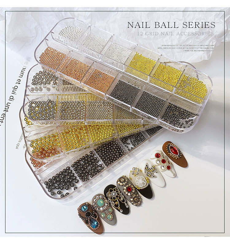 12 Grids Nail Art Mini Metal Caviar Beads 1.0-3.0mm Steel Beads 3D Design DIY