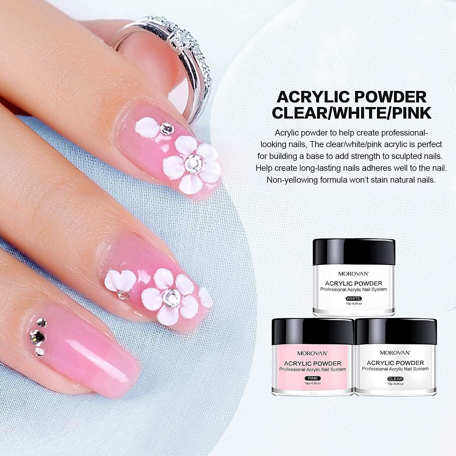 Kit de uñas acrílicas: polvo blanco rosa transparente y esmalte profesional