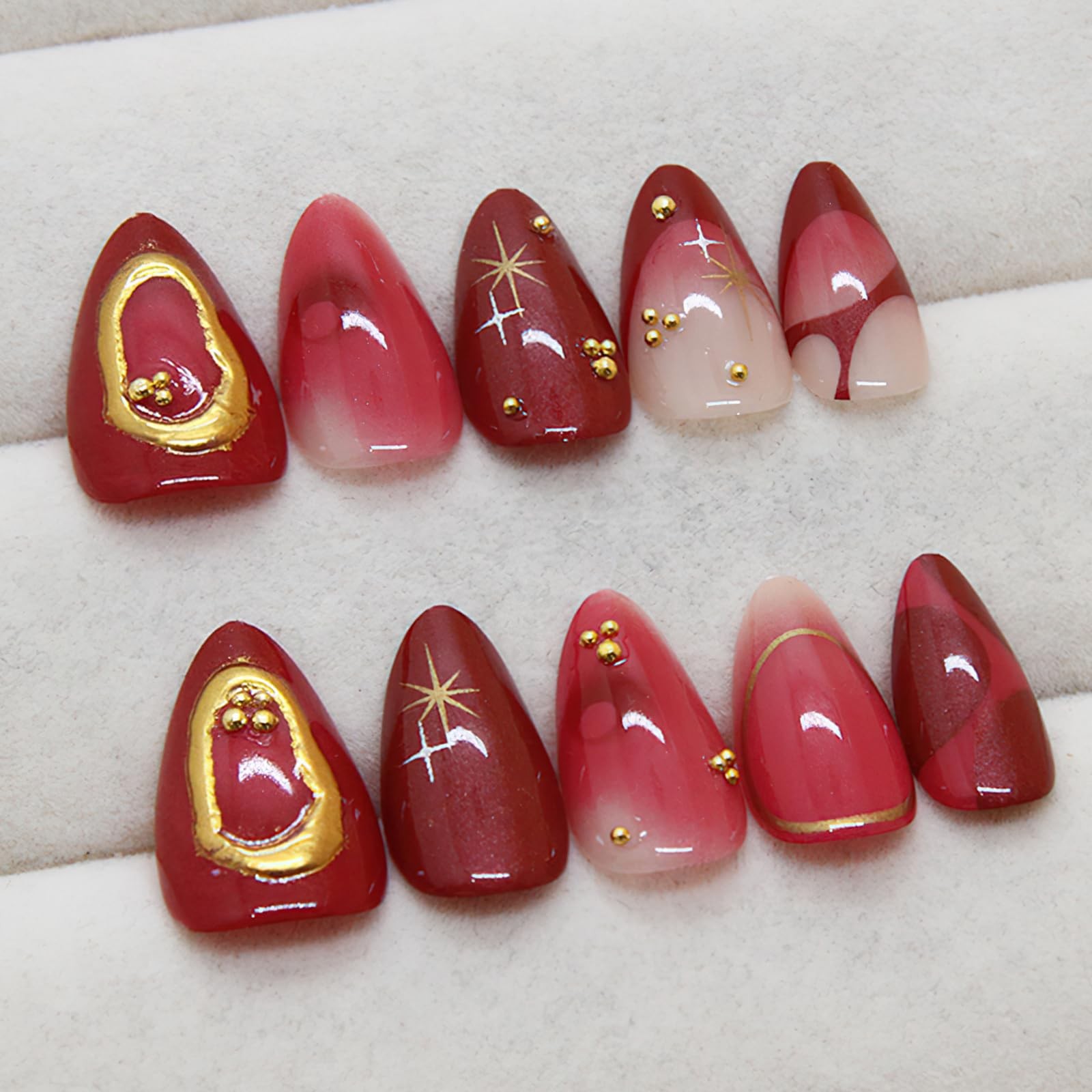 Jremg Red Press on Nails Short Almond Fake Medium Almond, Multicolor