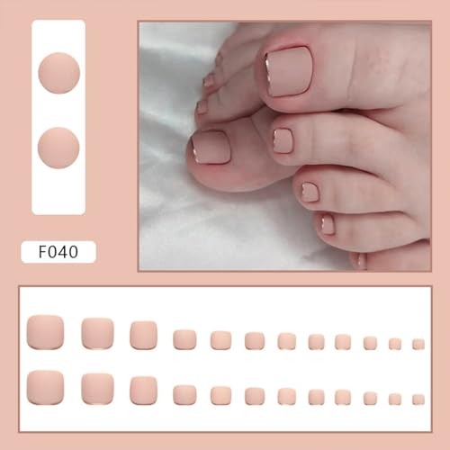 Nude Press on Toenails Short Square Fake Toe Nails Gold French Tip Style11
