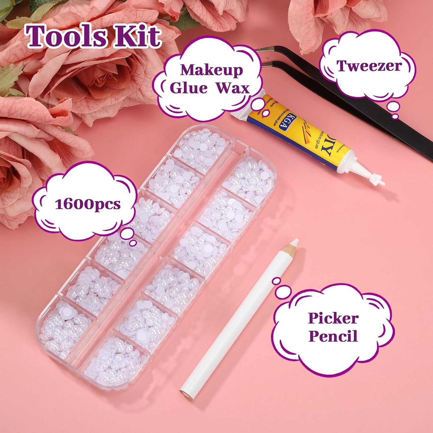 1600Pcs 4Mm White Half round Nail Pearls Kit for DIY Crafting | Flat Back Nail P