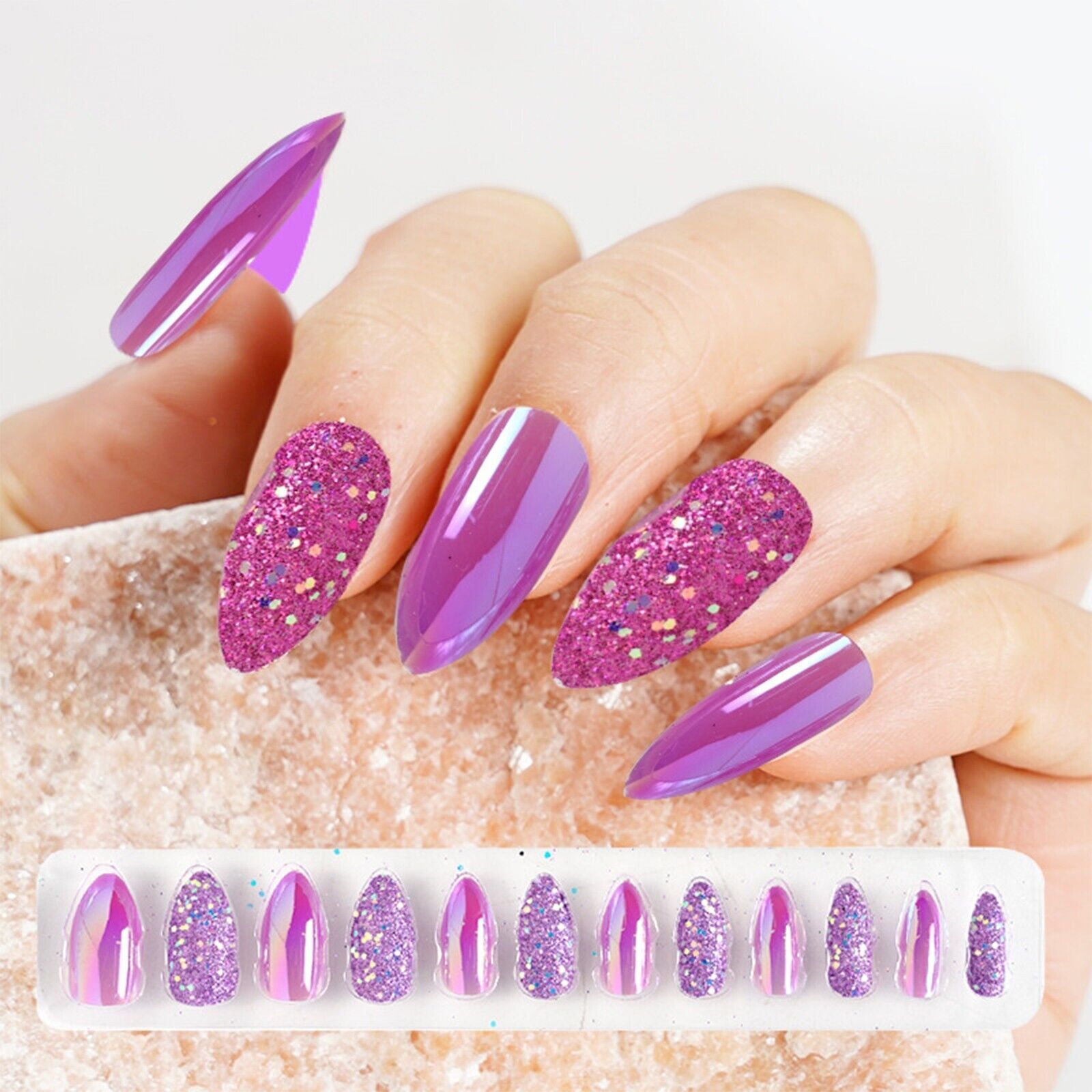 Fake Nails Reusable Stick On Nails Press on Full Cover 12pcs – Purple
