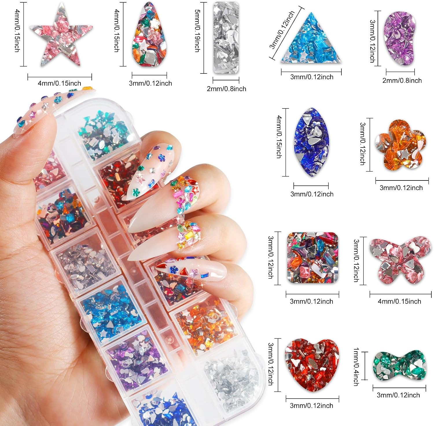 2500PCS Nail Rhinestones, Multi-Shape Colorful Gems for Nail Art | 2-5Mm Mixed S